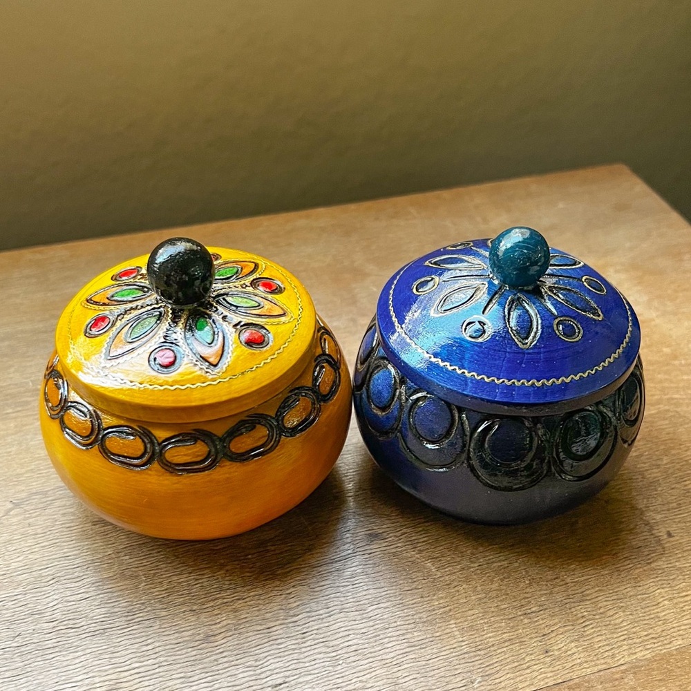 Hand Painted Handmade Lacquer Wooden Trinket Jewelry Box Set with Lid Folk Art